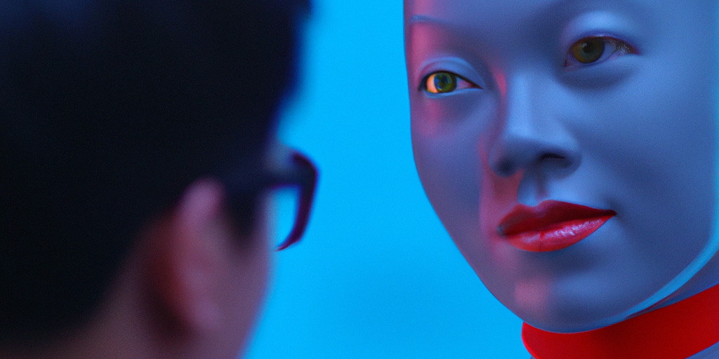 DALL-E generated image of an artificial intelligence woman talking to a man in glasses